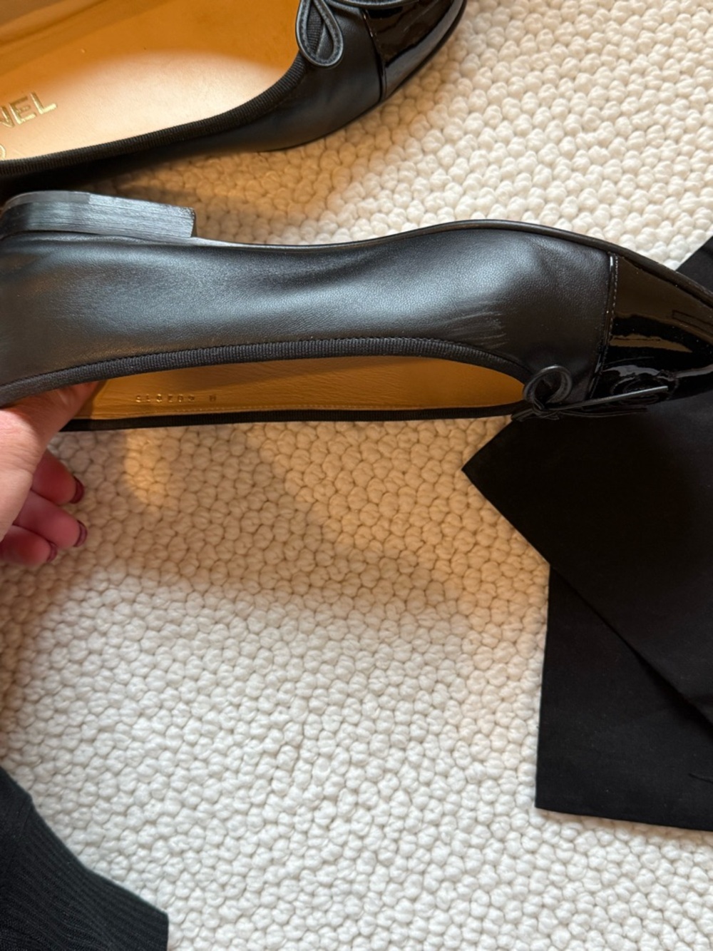 CHANEL Black Leather Ballet Flats with Patent Toe( dust bags and box included) - Picture 7 of 12